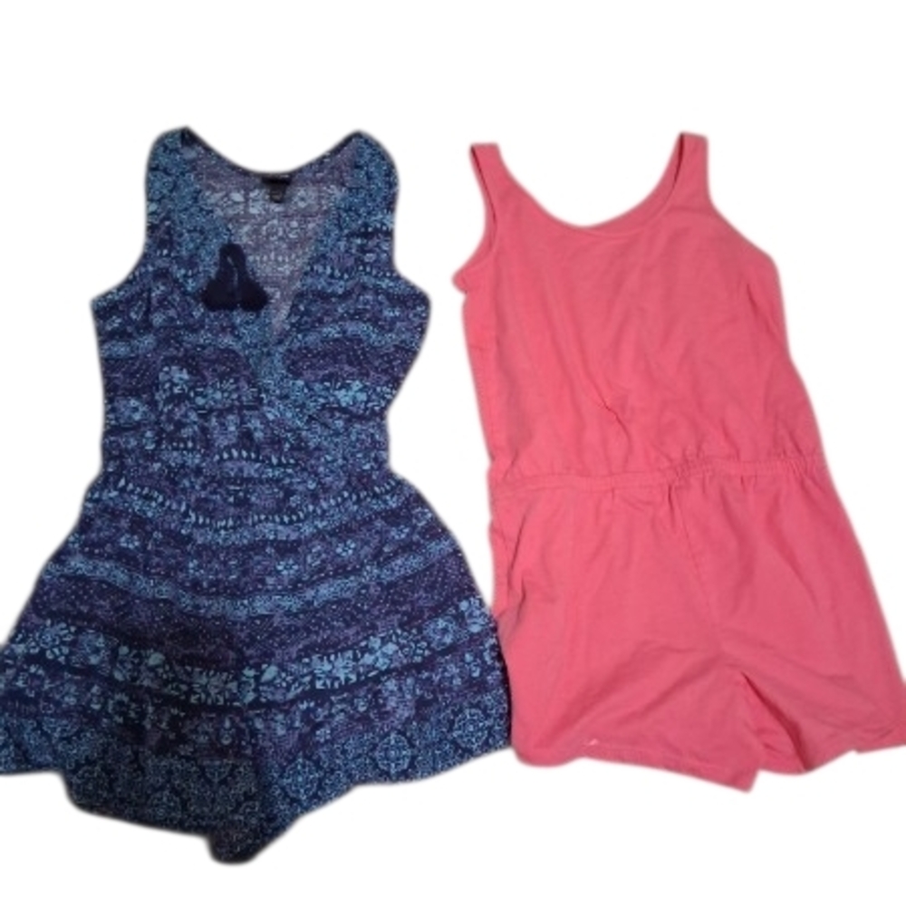 Blue Patterned Romper & Coral Pink Romper Set